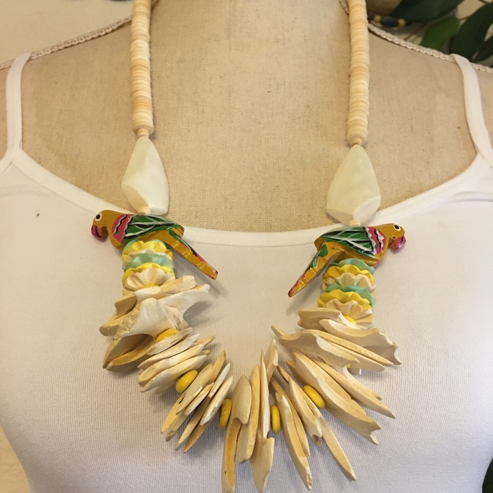 Vintage hand painted parrot wood bead necklace